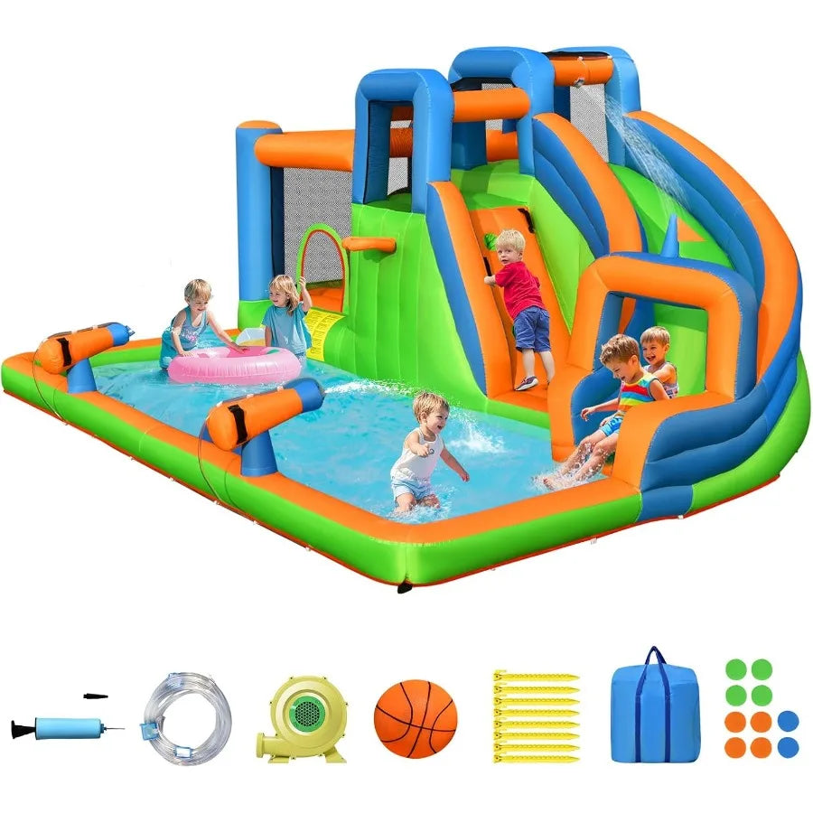 OLAKIDS Inflatable Water Slide 7 in 1 Bounce House Water Park with Slide Splash Pool Climbing Wall 2 Water Guns Basketball Rim