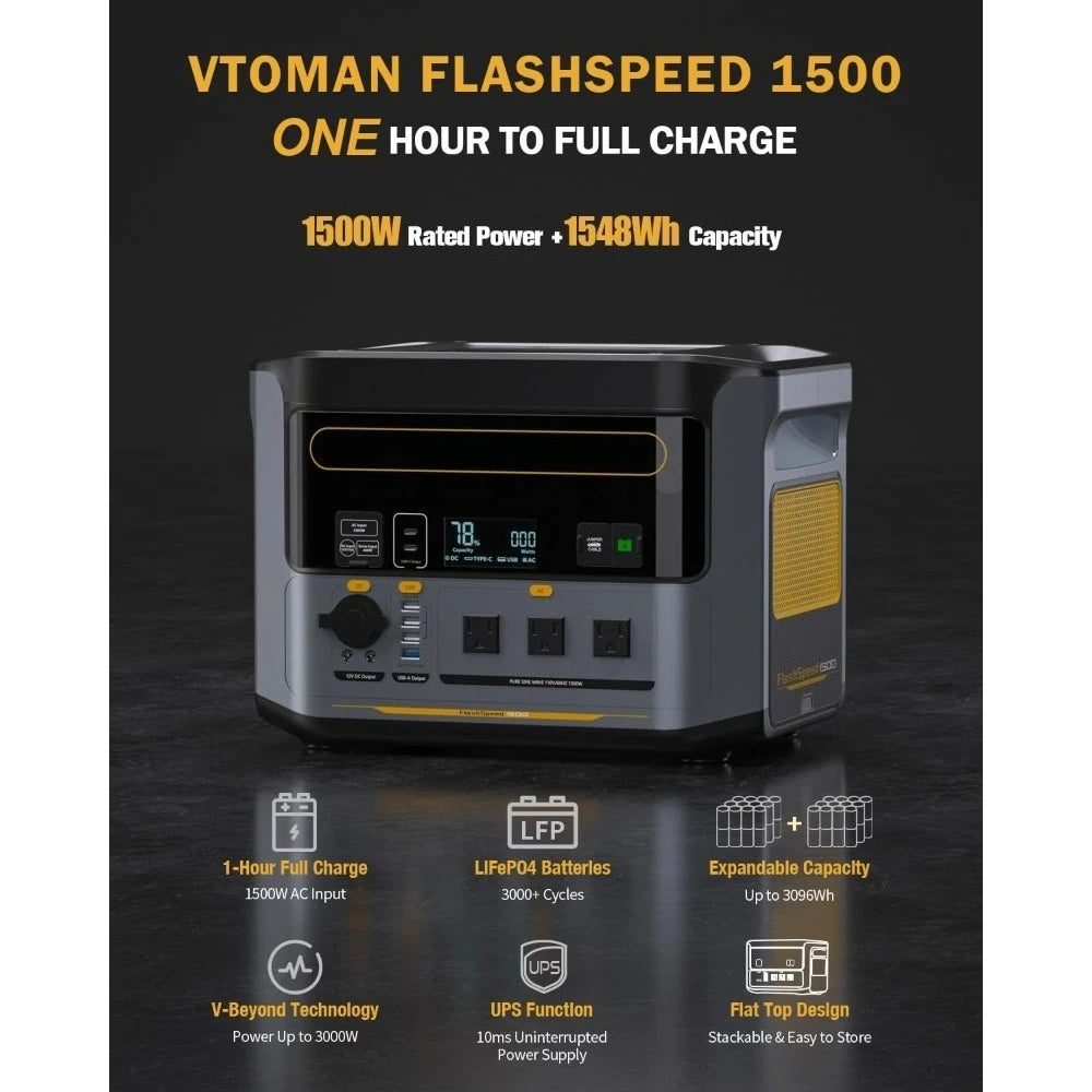 FlashSpeed 1500 Power Station 1548Wh Solar Generator 1500W(3000W Peak) Backup LFP Battery Expandable To 3096Wh Recharge