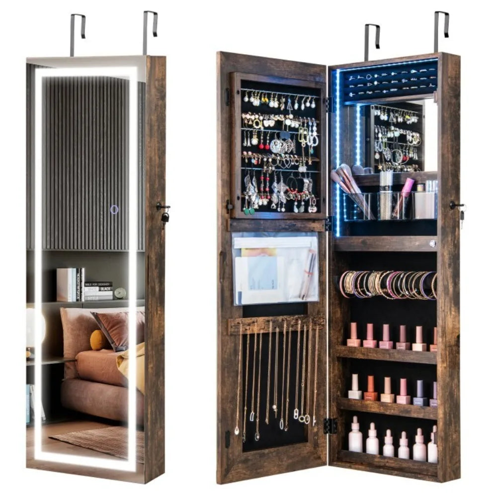 Lockable Jewelry Mirror Cabinet Wall & Door Mounted Jewelry Armoire W/LED Lights