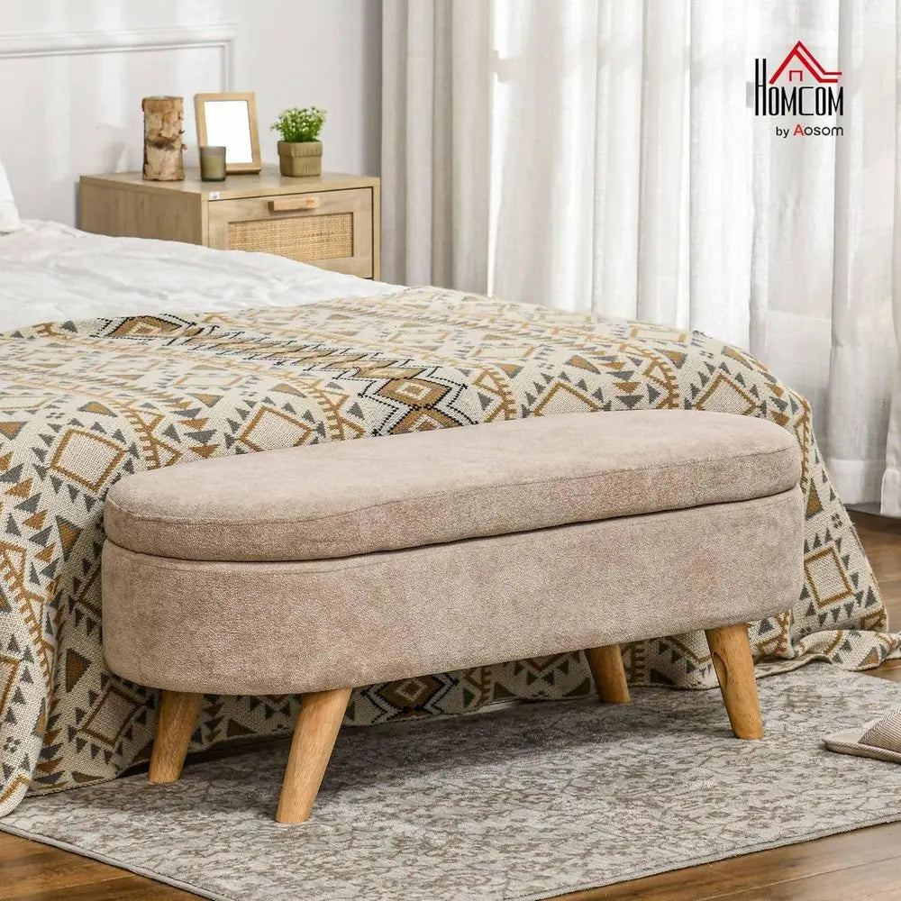 Storage Ottoman, 43.3 Teddy Fleece Upholstered End of Bed Bench with Wood Legs and Padded Seat, Oval Modern Entryway Bench, Beig