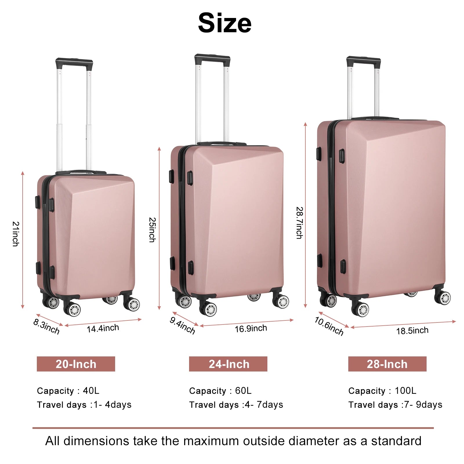 3-PC Champagne ABS Luggage Set w/Ergo Handle & Smooth-Zipper, 360° Spinner Wheels Trolley Cases - Lightweight Travel Suitcases