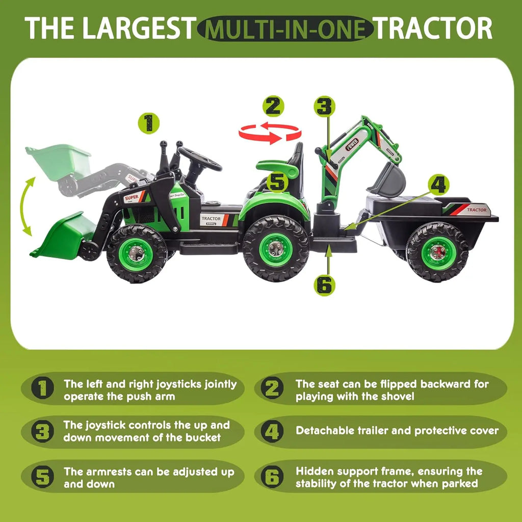 24V Ride On Tractor 4-in-1 Electric Car for Kids with Construction Attachments Remote Control, Music, LED Light