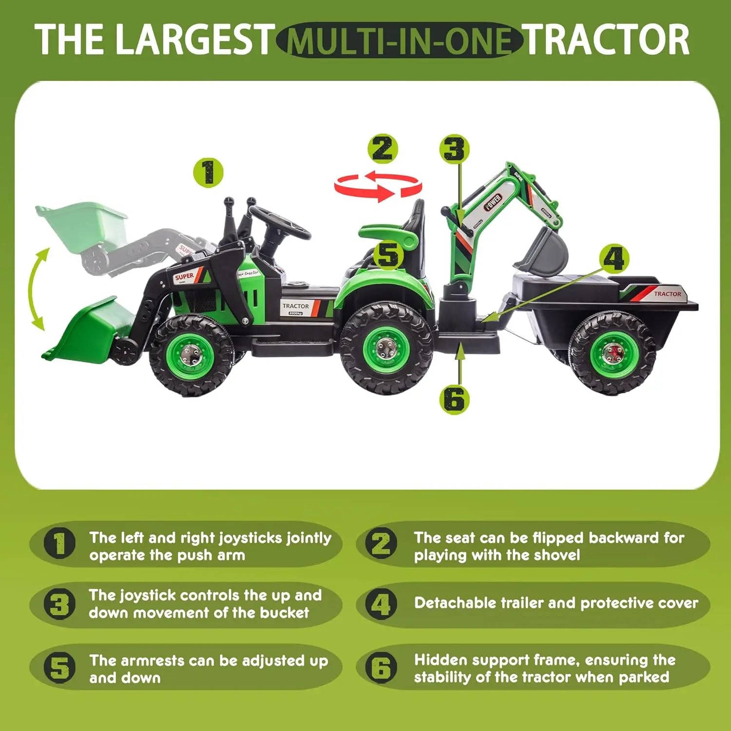 24V Ride On Tractor 4-in-1 Electric Car for Kids with Construction Attachments Remote Control, Music, LED Light