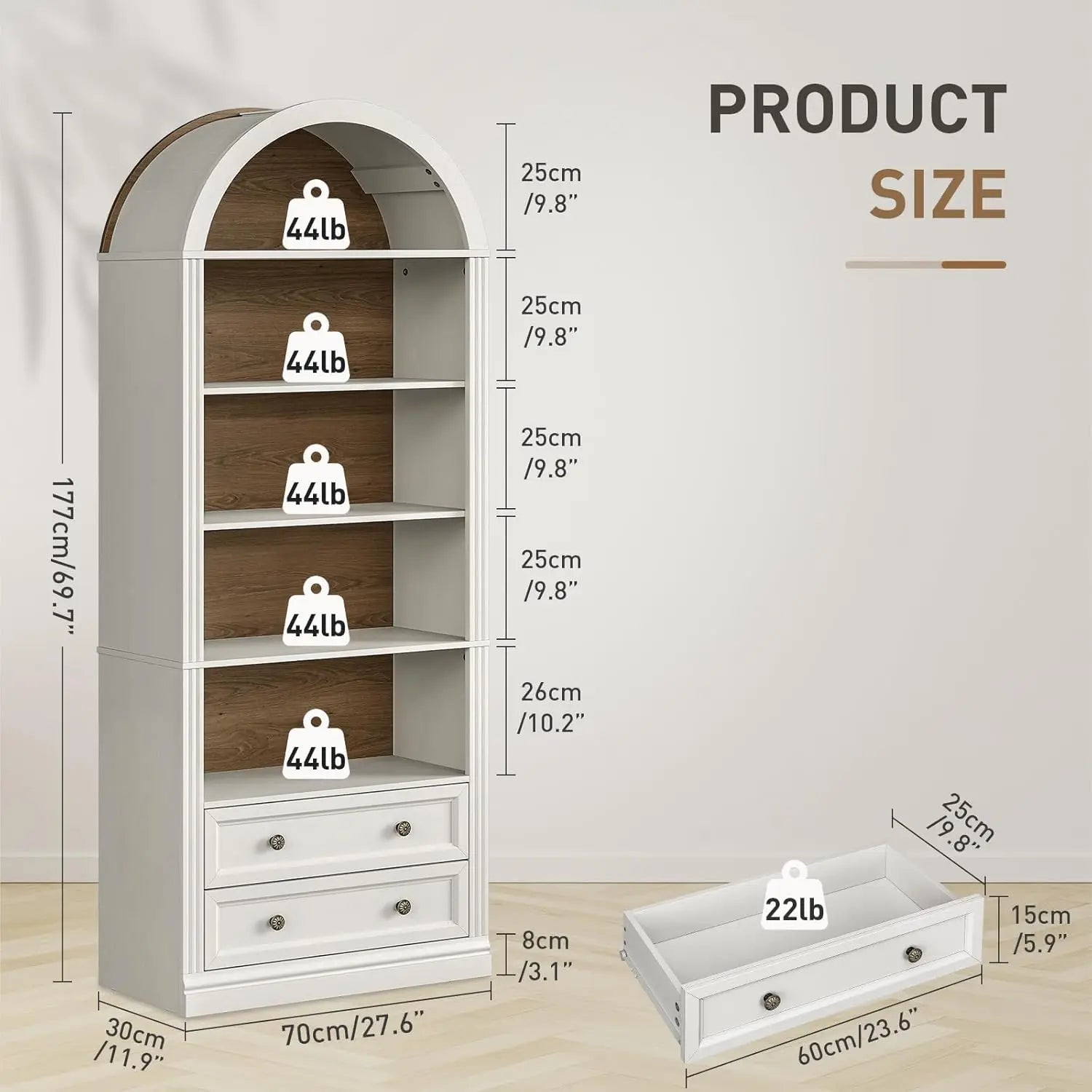 Farmhouse Arched Bookshelf, 7 Tiers Arch Bookcase with 2 Spacious Drawers, Modern Book Shelf with Open Display, Customized