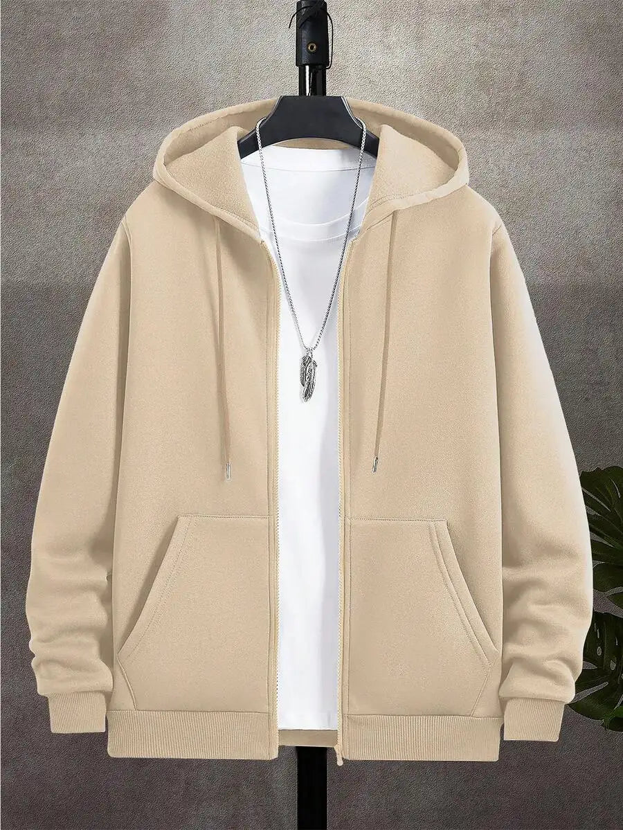 Men's Casual Zip-Up Hoodie with Drawstring, Long Sleeve, Autumn Outdoor Wear