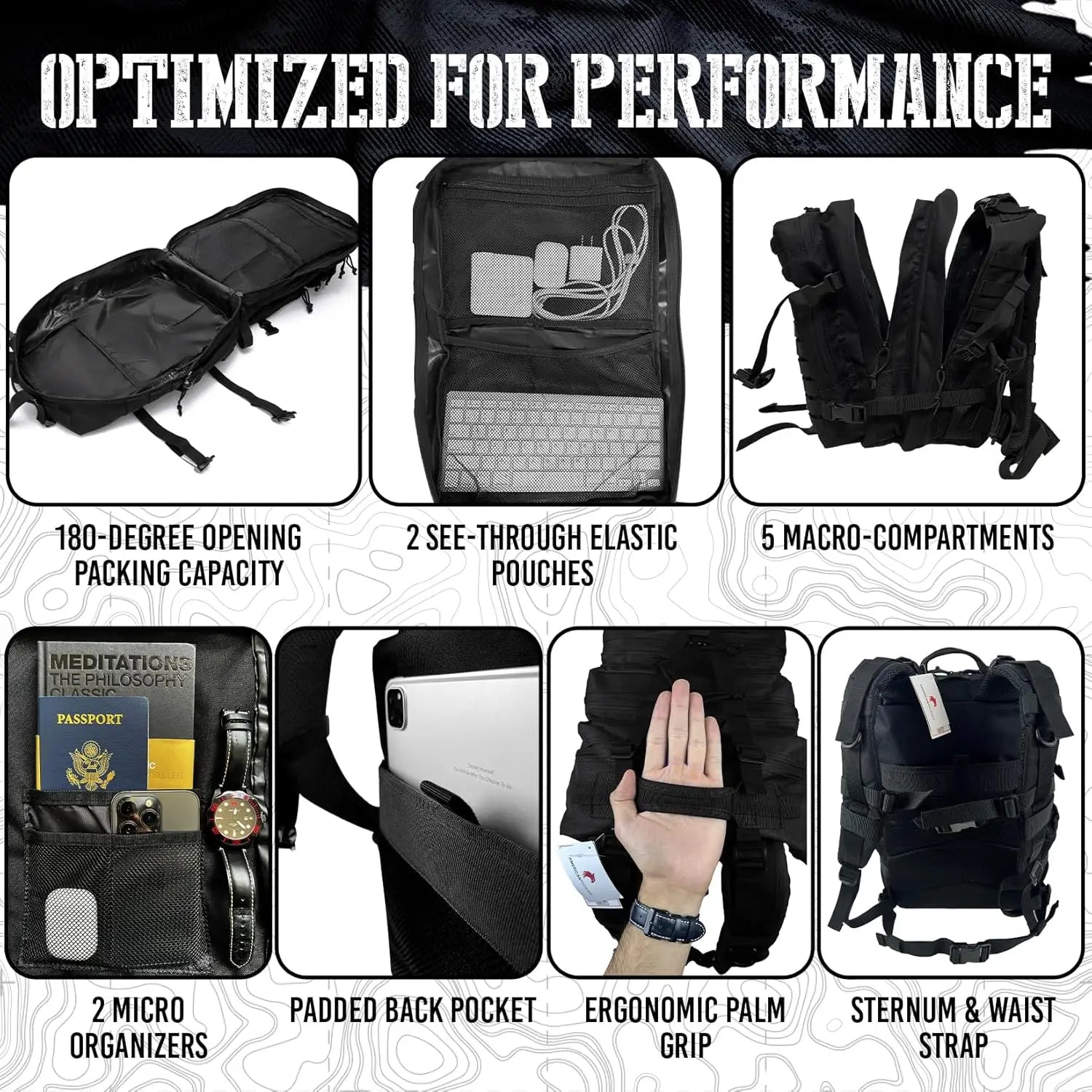 45L Elite Tactical Backpack, Water Resistant, Heavy Duty, 3 Day MOLLE Bug Out Bag - Carbon Black