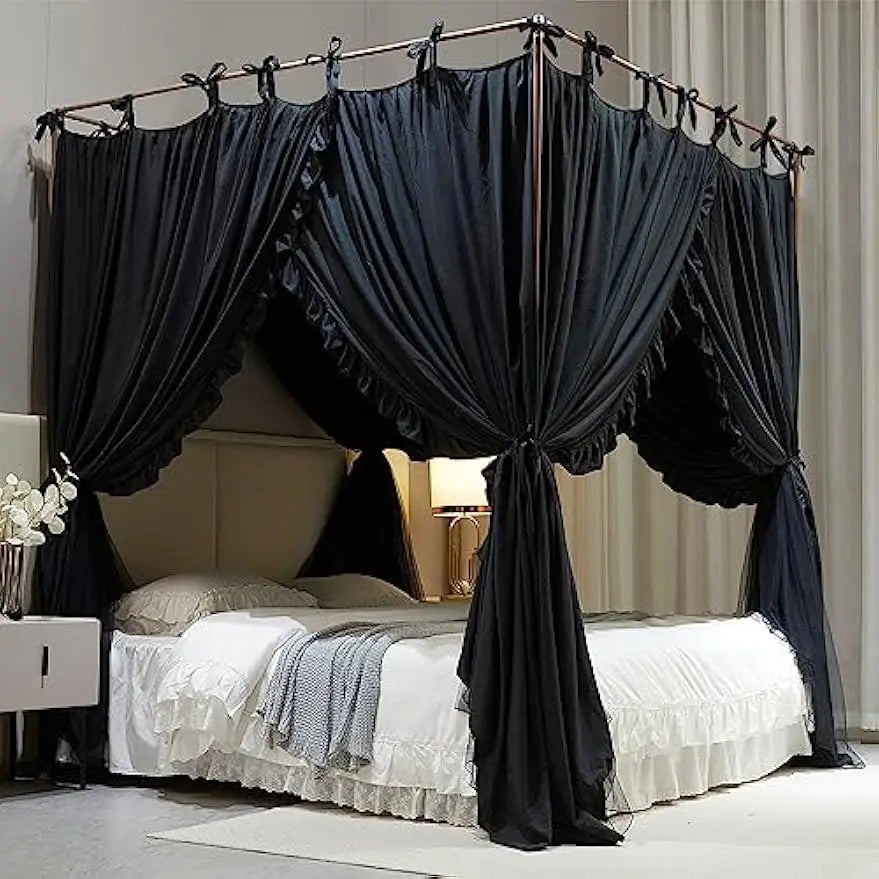 Double Layer Princess Bed Canopy with Mosquito Net, Black, Queen Size for Girls and Adults