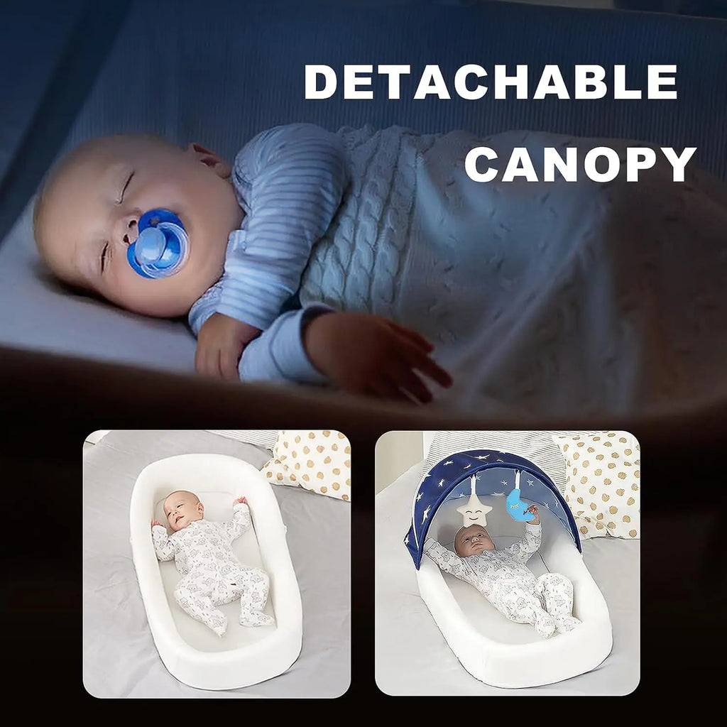 Large Portable Baby Lounger with Canopy & Mosquito Net, Lightweight Foldable Bassinet, Washable Cotton Cover, Blue