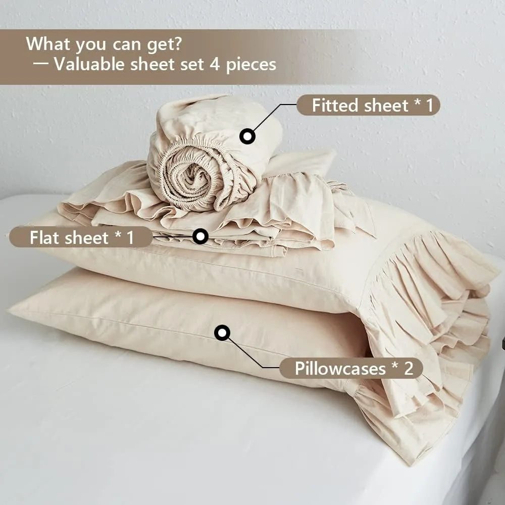 Belgian Linen Sheet Set with Long Ruffles 4pcs (1 Flat Sheet, 1 Fitted Sheet & 2 Pillowcases) Solid Shabby Vintage Chic Country