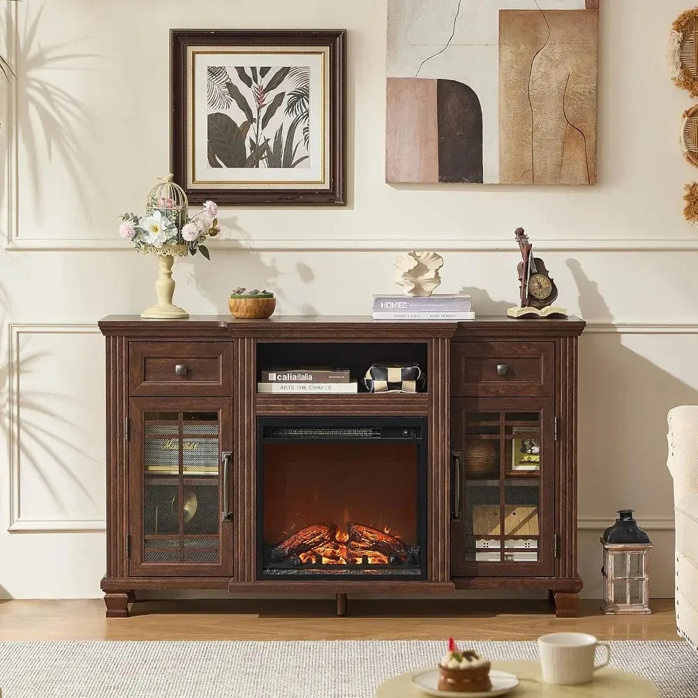 52" Fireplace TV Stand with 18”Silent Electric Fireplace, Farmhouse Entertainment Center for TVs up to 65", 2 Drawers，Customized