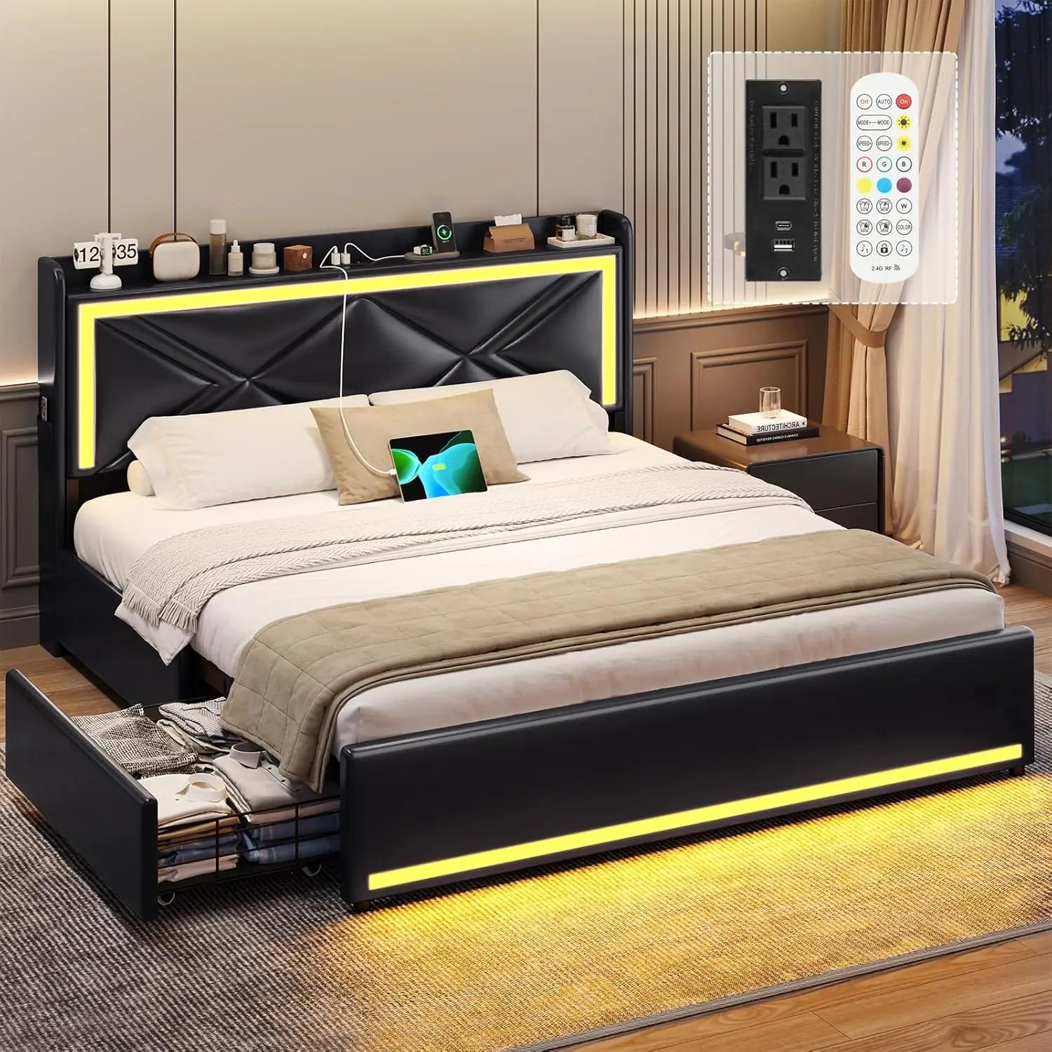 Bed Frame with RGB LED Lights Headboard & USB-C/A Charging Station, Modern Upholstered Platform Bed with Storage Drawers