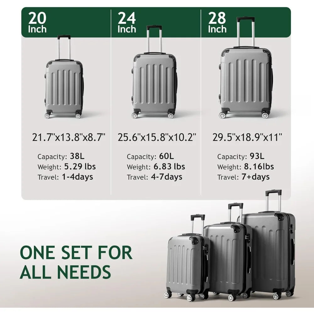 3-Piece Luggage Set Travel Lightweight Suitcases with Rolling Wheels, TSA lock & Moulded Corner, Carry on Luggages for Business
