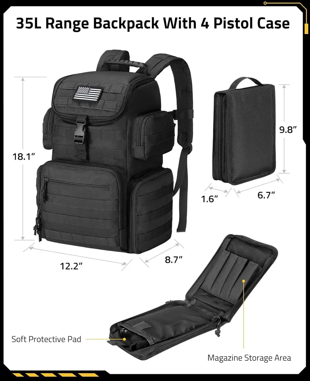 Tactical Range Backpack with Removable Divider, 4 Pistol Cases, Black Medium Rucksack for Shooting