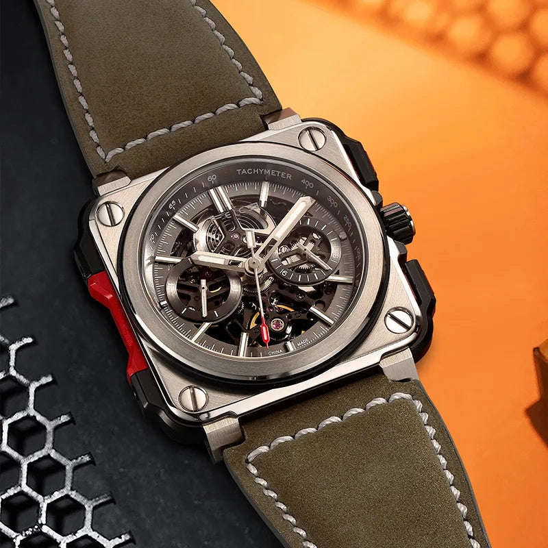 FEICE FM507 Men’s Automatic Skeleton Watch Mechanica Mens Wristwatch Square Sport Luminous Watches 10ATM Waterproof Watches