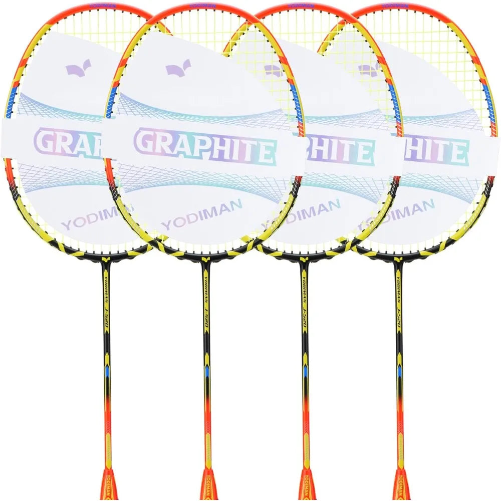 Graphite Badminton Racket Set - 4 Pre-Strung 6U Super Lightweight Racquets with Overgrips, 2 Durable Bags & Tapes