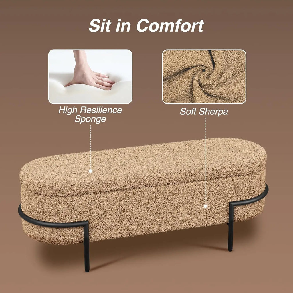 Beige Storage Ottoman Bench with Metal Stand, Upholstered Sherpa Stool, 45''L, Modern Storage Bench for Living Room, Bedroom, En