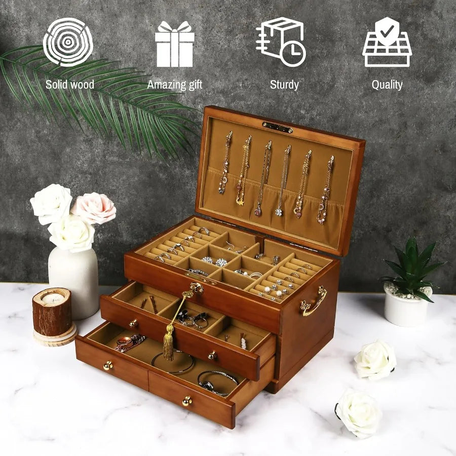 Wooden Jewelry Box with Lock and Key for Women 2 Drawers Medium Size Real Natural Wood Lockable Antique Organizer with Large St