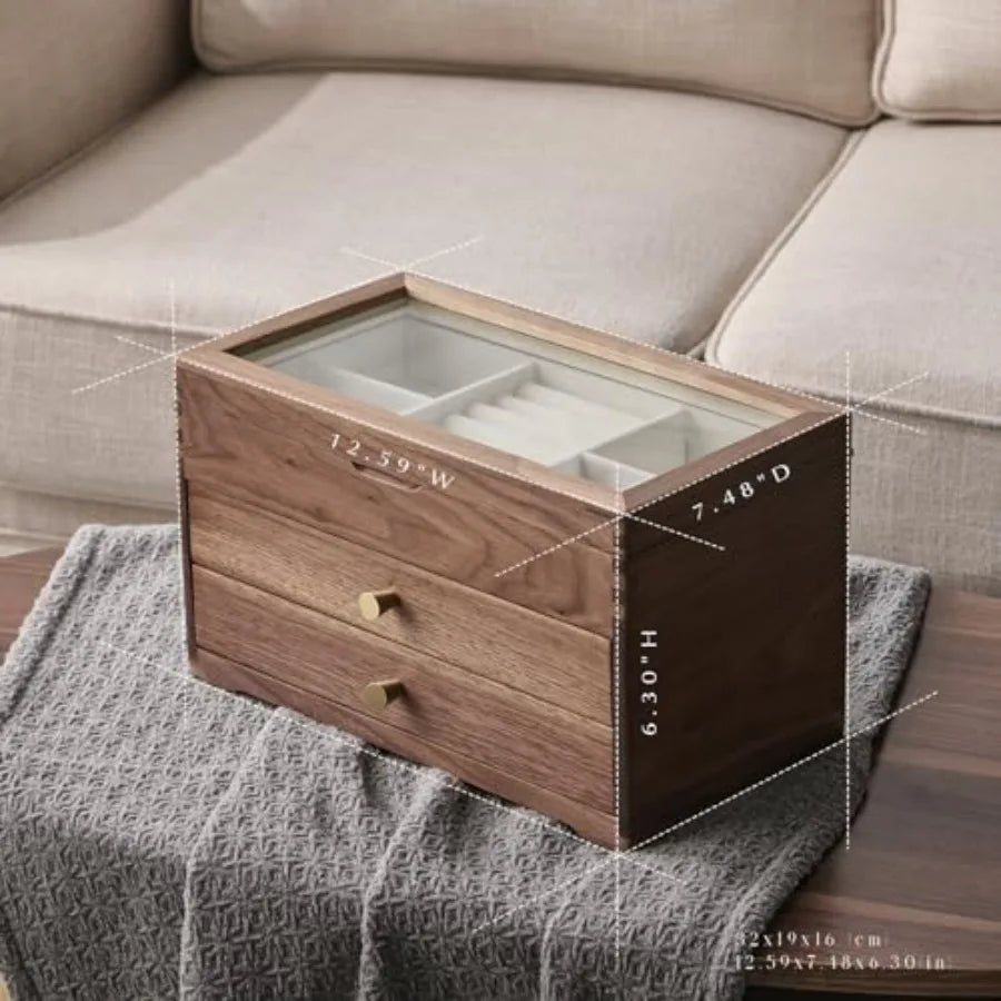 Black Walnut Wooden Jewelry Box - Allwood Handcrafted Glass Lid 2 drawer. Gift for Women Men and Girls. large Jewelry Organizer