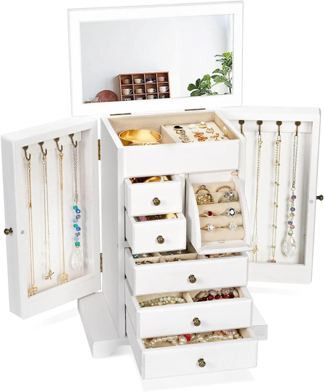 Rustic Wooden Jewelry Box for Women, 6-Layer Organizer with Mirror & Drawers, Carbonized Black