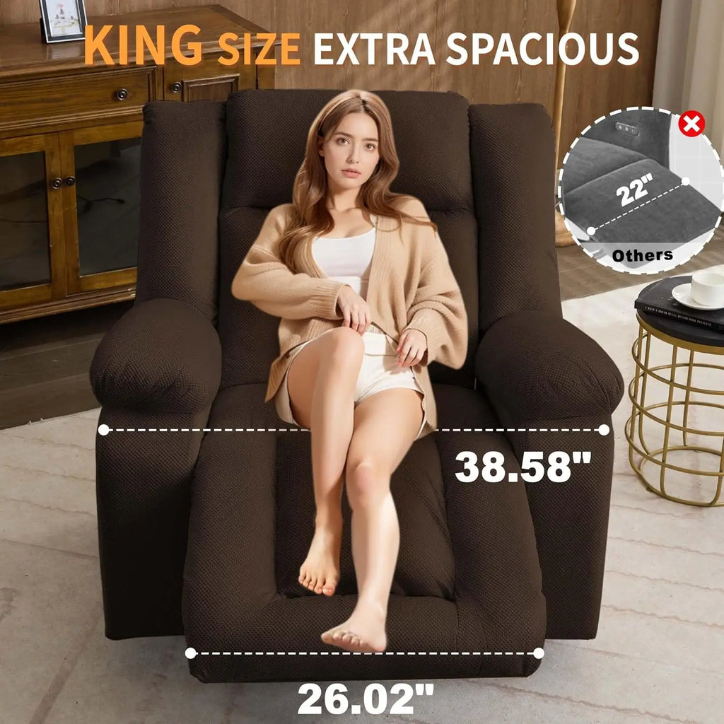 Oversized Recliner Chair, Electric Glider Rocker with Massage & Heating, Waffle Fabric, Side Pockets for Living Room