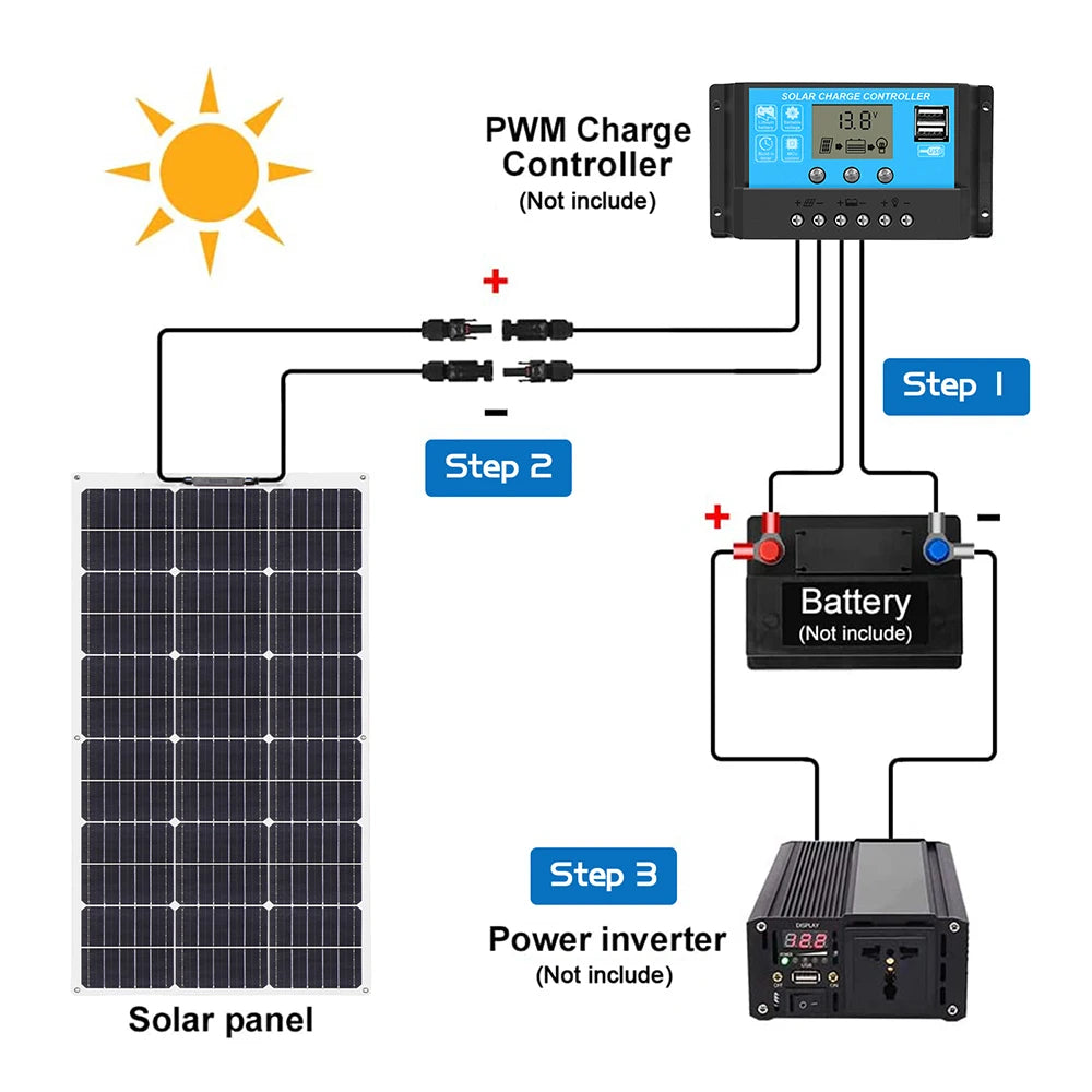 12v portable Solar Panel Flexible 18V 100W 1000W 500W 400w 300W 200w plate CELLS Monocrystalline silicon Panel Solar kit charger