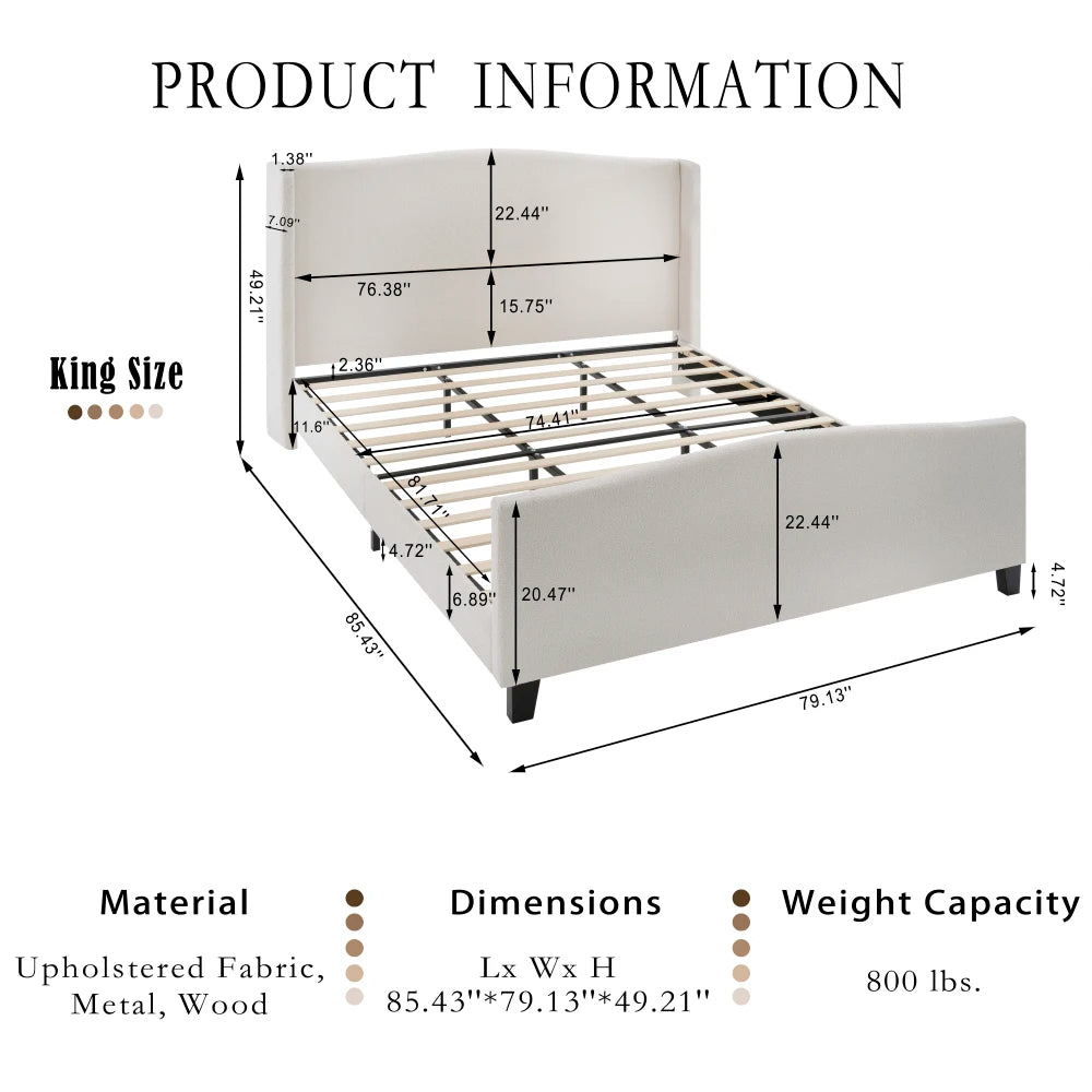 King Size Bed Frame:49.21" High Upholstered Headboard,27.17" Footboard,Teddy Velvet,12 Slats,Wood Feet,No Box Spring Needed(Whit