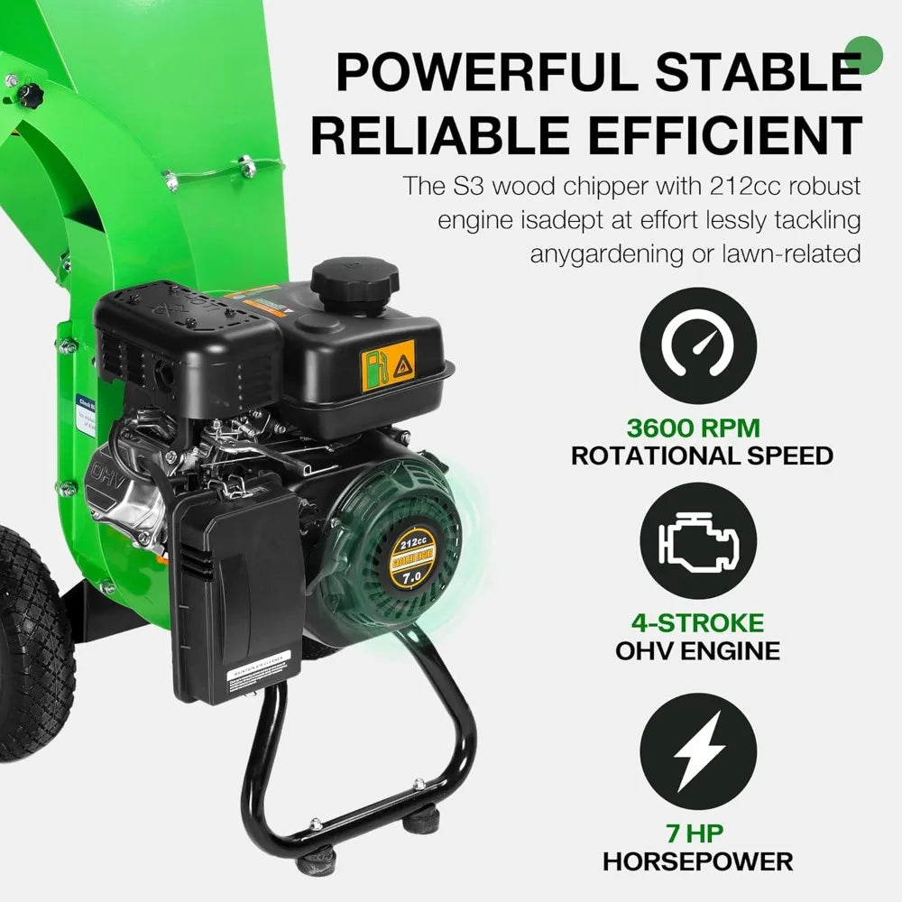 Wood Chipper Shredder, 7HP 212cc Gas Powered Heavy Duty, 3" Max Wood Diameter Capacity, 15: 1 Reduction Ratio