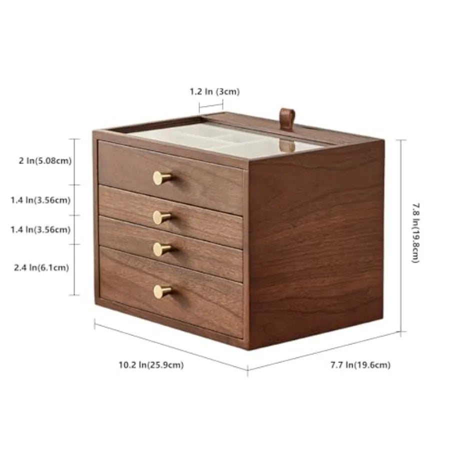Black Walnut Wooden Jewelry Box for Women 4 Layer with Glass Lid and Pull-out Necklace Storage Layer Watch Necklace Ring Earrin