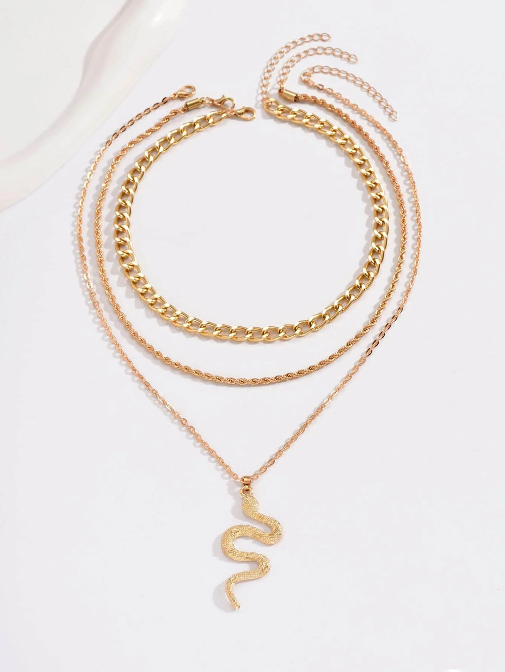 3-Layer Gold Snake Pendant Necklace Set for Women, Chunky Chain & Rope Layering Jewelry