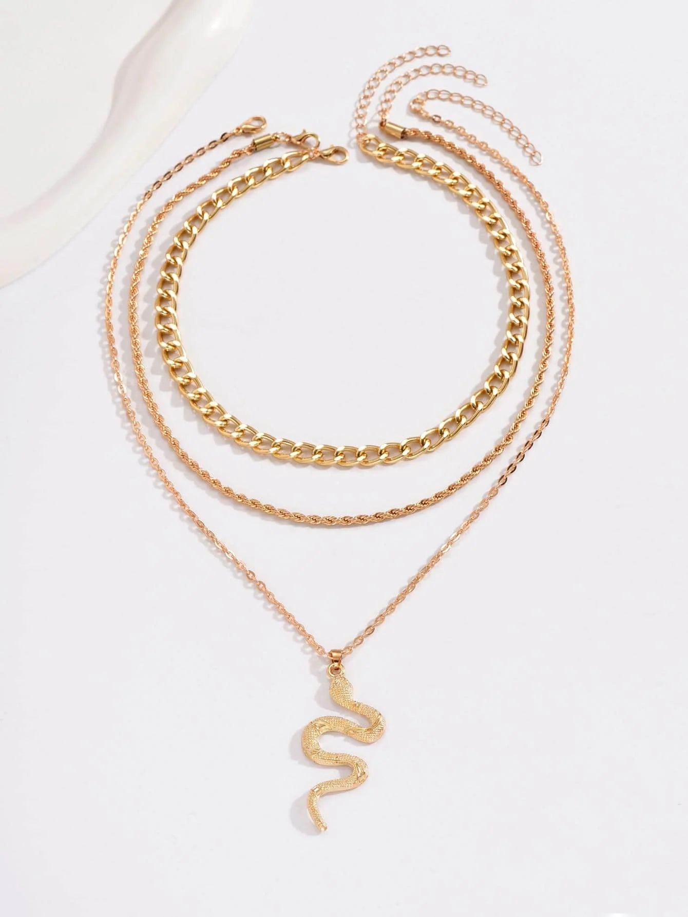 3-Layer Gold Snake Pendant Necklace Set for Women, Chunky Chain & Rope Layering Jewelry
