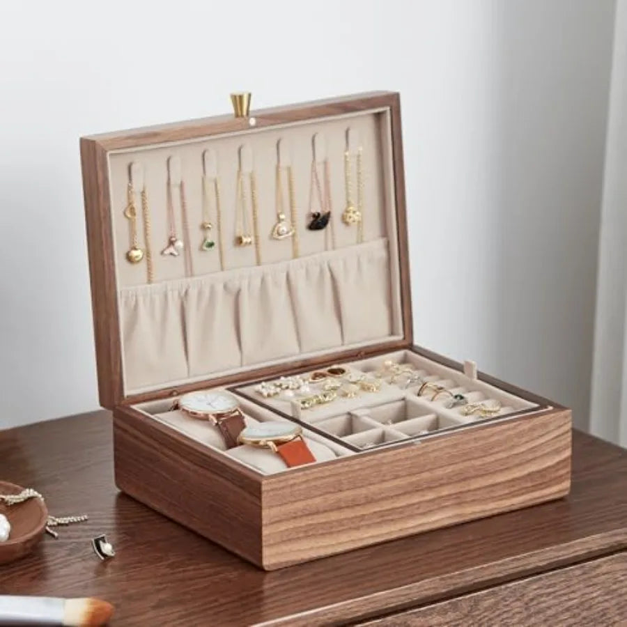 Black Walnut Wooden Jewelry Box for Women 2 Layer Jewelry Organizer with Removable Tray for Watches Rings Earrings Necklace Bra