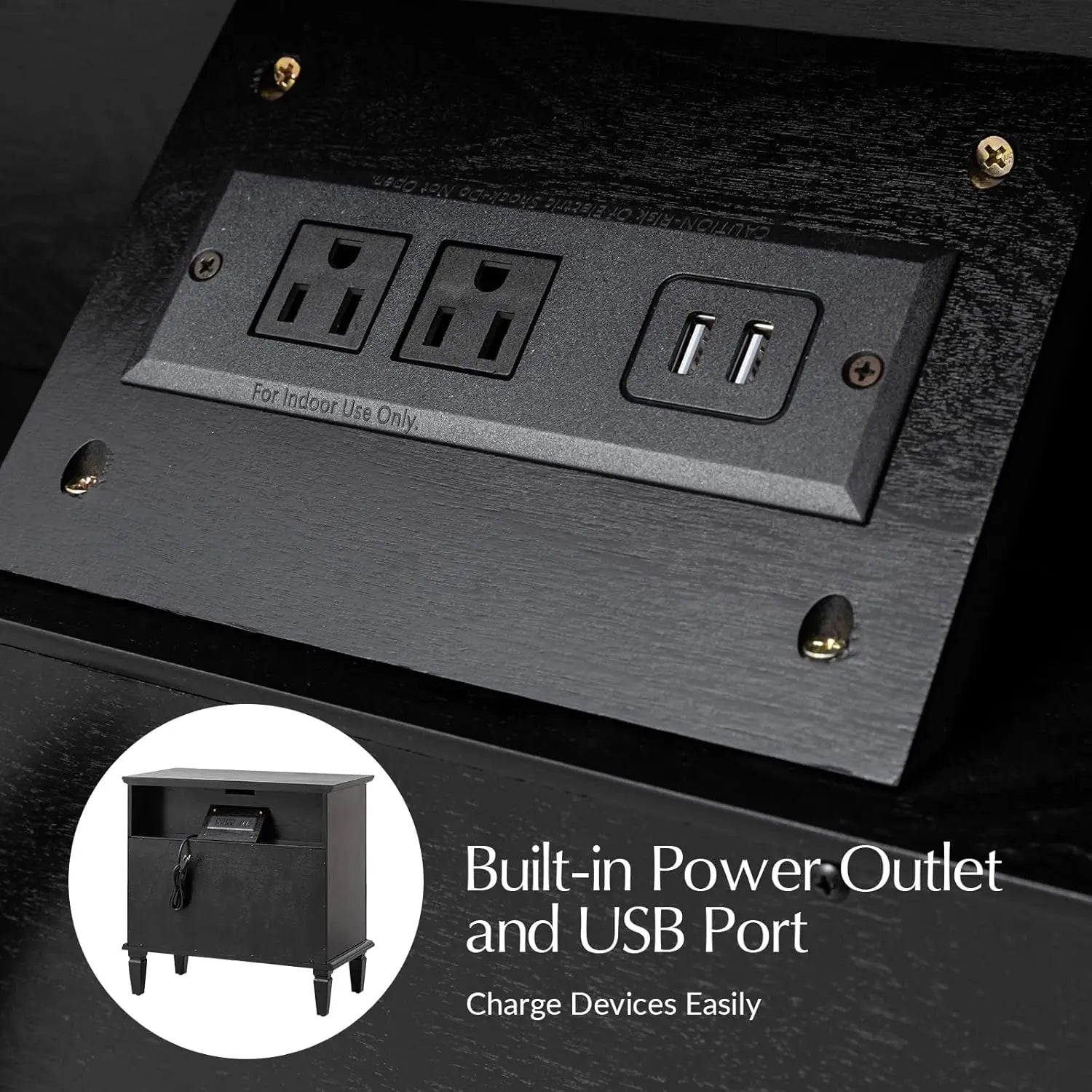 3 Drawer End Table with Charging Station Mid Century Modern Wooden Organizer with Wood Legs Black, Customized