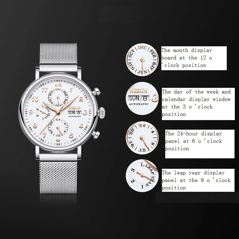 NESUN automatic mechanical men's watch with multi-functional luminous stainless steel case, a classic business men's watch