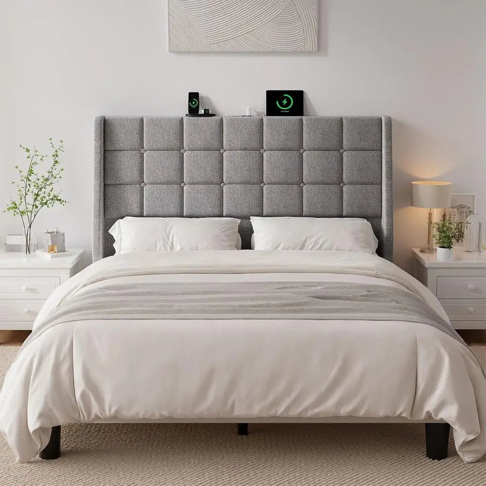 Upholstered Headboard Queen Size w/Charging Station, Linen Wingback Headboards w/Storage Pocket, Queen Headboard Only, Bed Frame