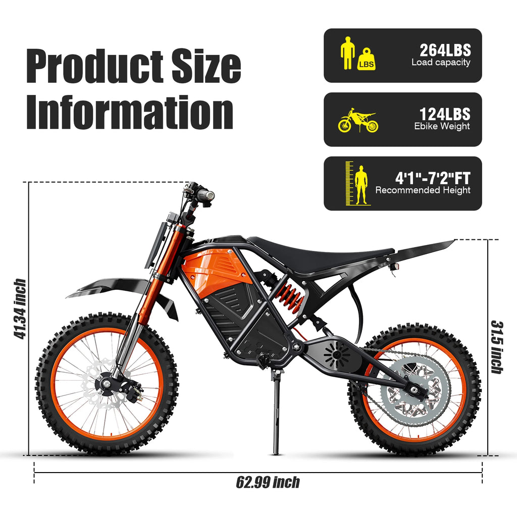 3000W Off Road Electric Motorcycle, 48V22.5AH Lithium Battery, Speed Of 37.5MPH and a Range Of 60 Miles,Adult Electric Dirt Bike