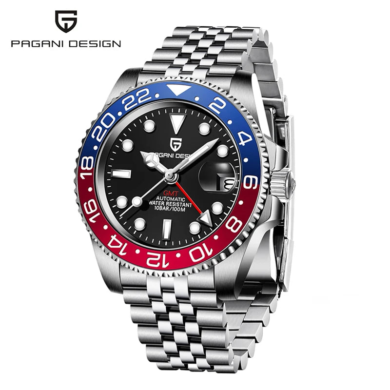 New PAGANI DESIGN GMT Automatic Wristwatch Stainless Steel 100M Waterproof Watch Top Brand 40mm Mechanical luminous Watch Men