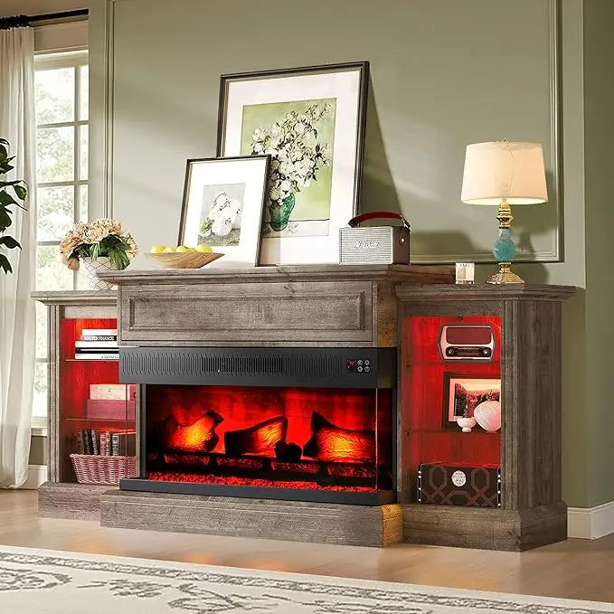 3-Sided  Electric Fireplace TV Stand, 70 Farmhouse Style, Fits TVs up to 75, Mantel, Adjustable Shelves, LED Lights，Customized