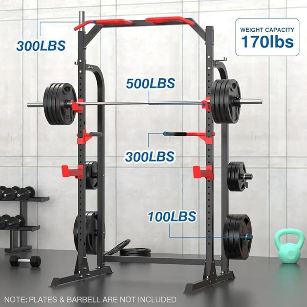 Versatile Fitness Rack with Cable Crossover, J-Hooks, Dip Bars, and Plate Storage