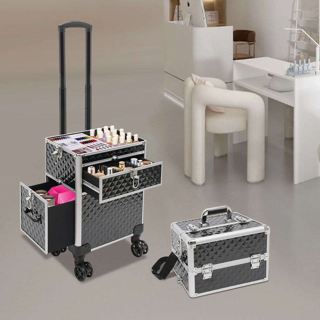 Professional Rolling Makeup Train Case with Shoulder Strap & 4 Keys, Large Storage Cosmetic Trolley Salon Barber Case