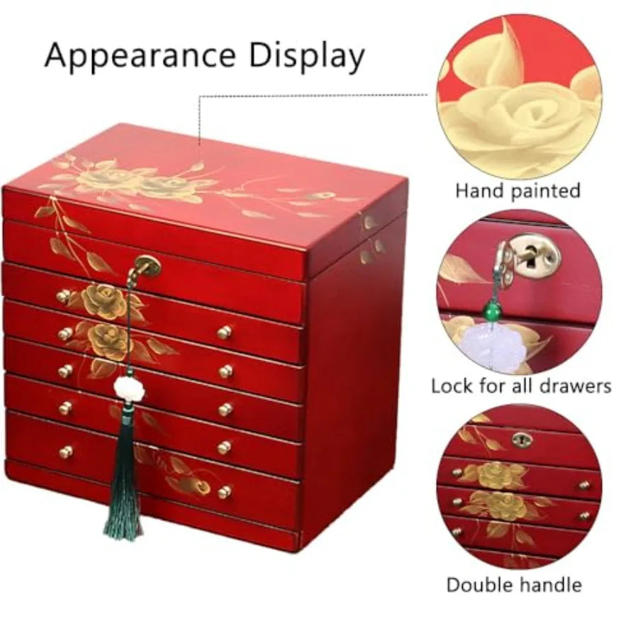 Hand-drawn rose wood jewelry box 6-Layer Jewelry Organizer for womenLarge capacity jewelry storage box with lock in red color s