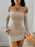 Off Shoulder Ruched Mini Dress with Long Sleeves - Stretchy Ribbed Knit for Casual Night Out