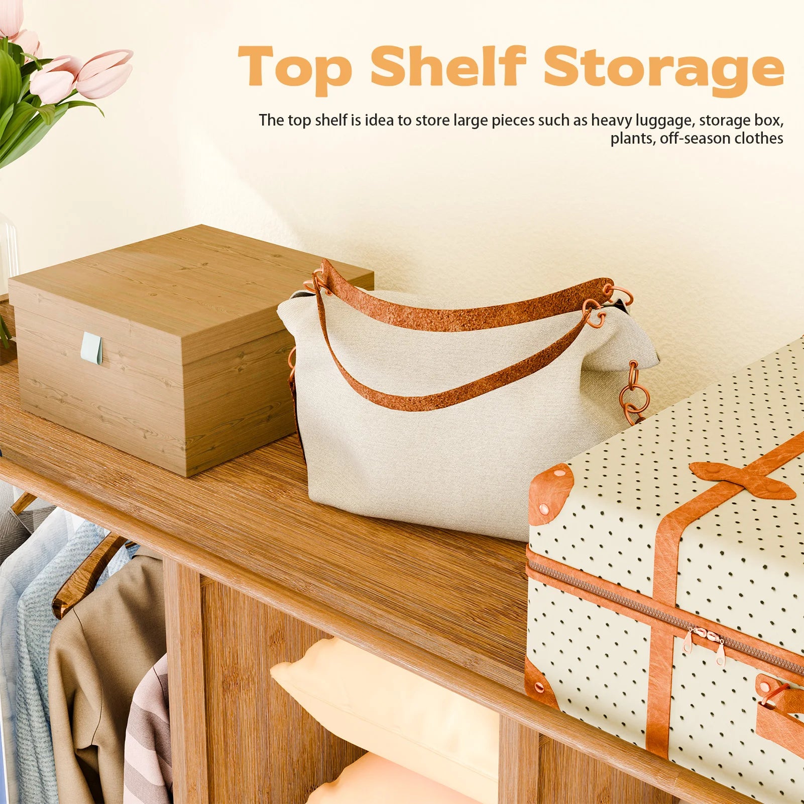 Freestanding Closet Organizer, Heavy Duty Garment Rack with 2 Hanging Rods, 6 Opening Shelves and Blue Curtain, Wardrobe Closet