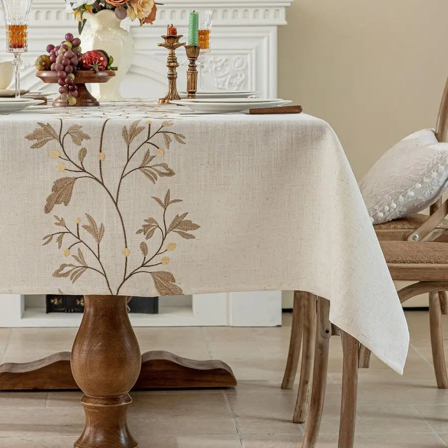 Rustic Waterproof Linen Tablecloth, Heavy Weight Beige Embroidery Table Cloths for Rectangle Tables, Burlap Farmhouse Table Cove