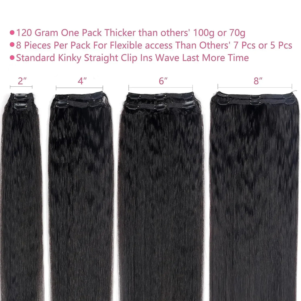 Kinky Straight Clip In Hair Extensions 8Pcs/Set 1B# Natural Black Hair Extensions Real Human Hairpiece For Women 10-26 Inches