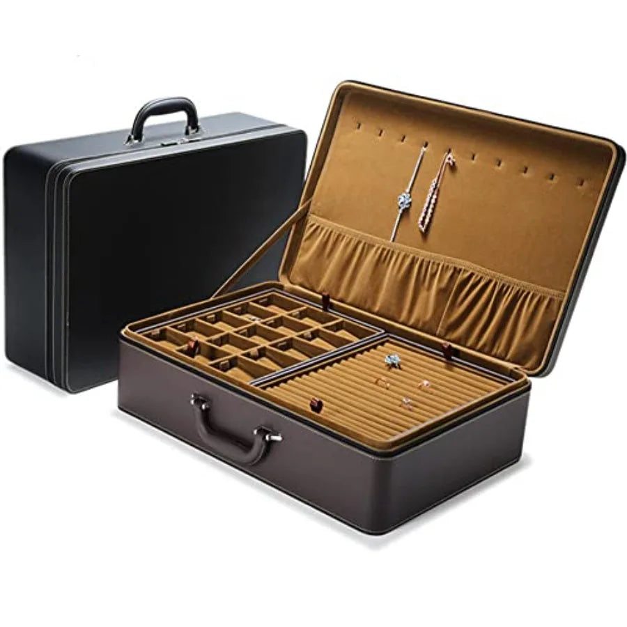 Jewelry Trays stacks Carriable with Handle Zipper Box Organizer Faux-Leather Accessory Case Storage L6 Layers