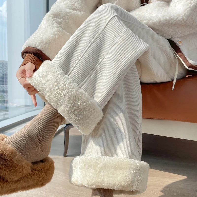 Winter Fleece Thickened High Waist Warm Trousers for Women Solid Color Loose Elastic Waist Straight Casual Pants