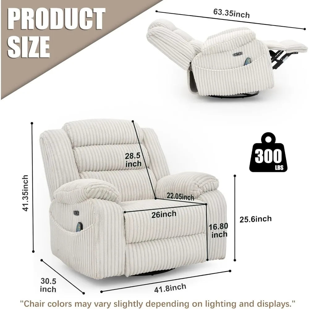 Power Swivel Rocker Recliner Chair for Adults with Massage and Heat, USB and Type-C Charging Port, Infinite Position, Electric