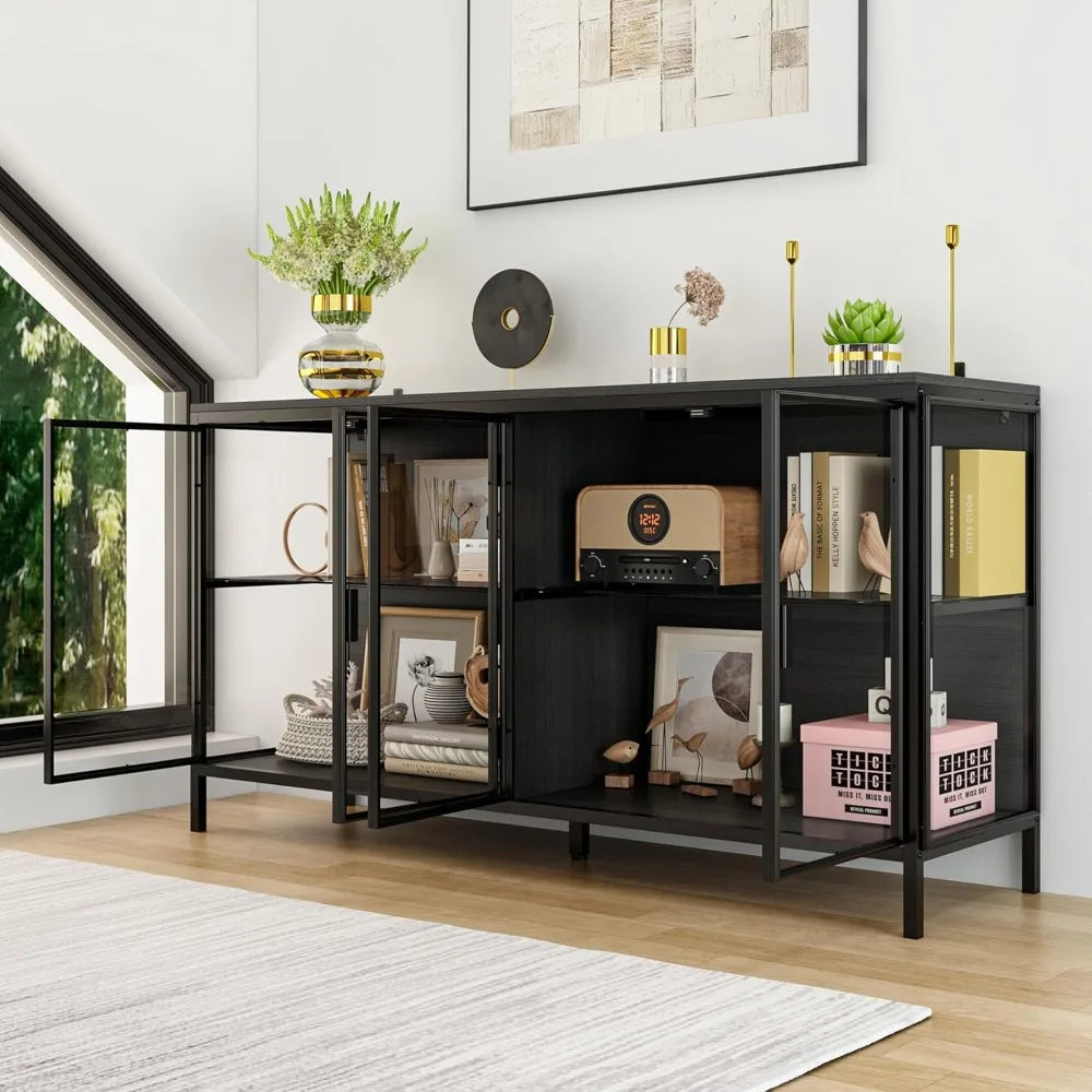 Customized.Storage Cabinet with 3-Color LED Lights, Glass Shelves & 4 Compartments, Sideboard Buffet with Solid Metal Legs,