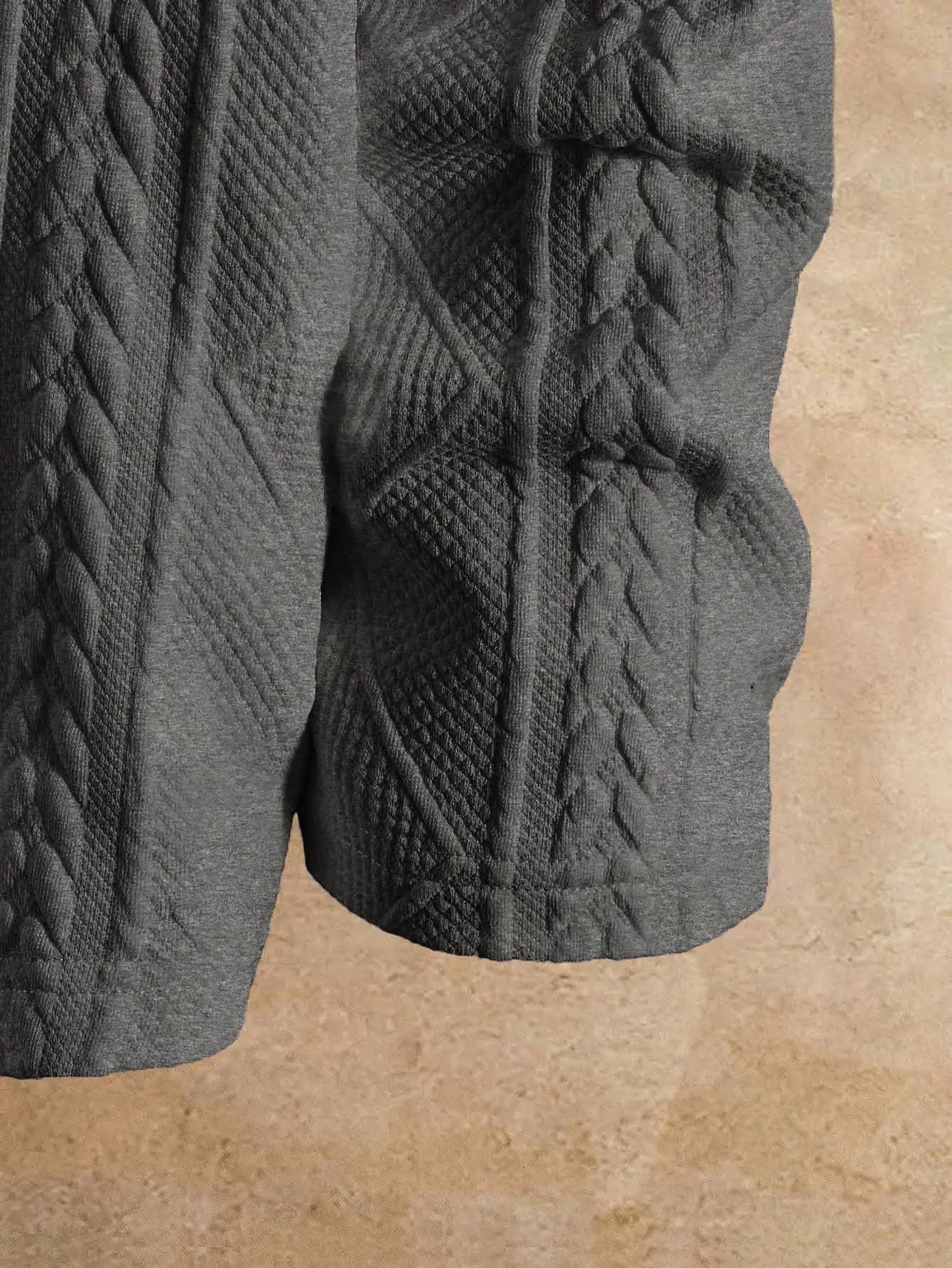 Gray Knitted Long Sleeve T-Shirt with Cable & Diamond Pattern, Casual Round Neck Design