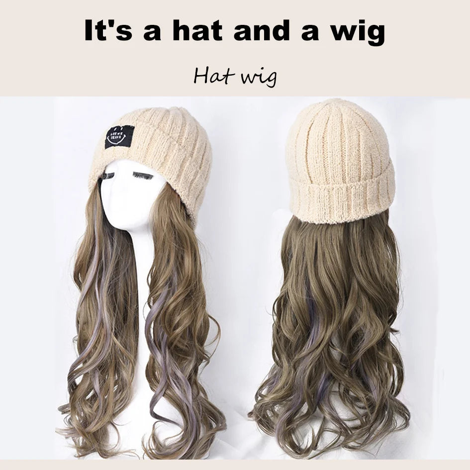 Synthetic 18 inch knitted hat with long curly hair hat wig, wavy wig, winter wig, beige/blue/coffee knitted hat Christmas outfit